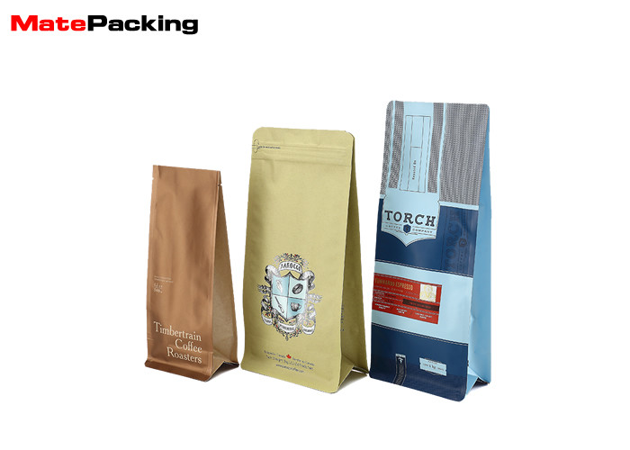 Custom Printed Natural Kraft Paper Coffee Bags Flat Bottom Pouch Zipper Top